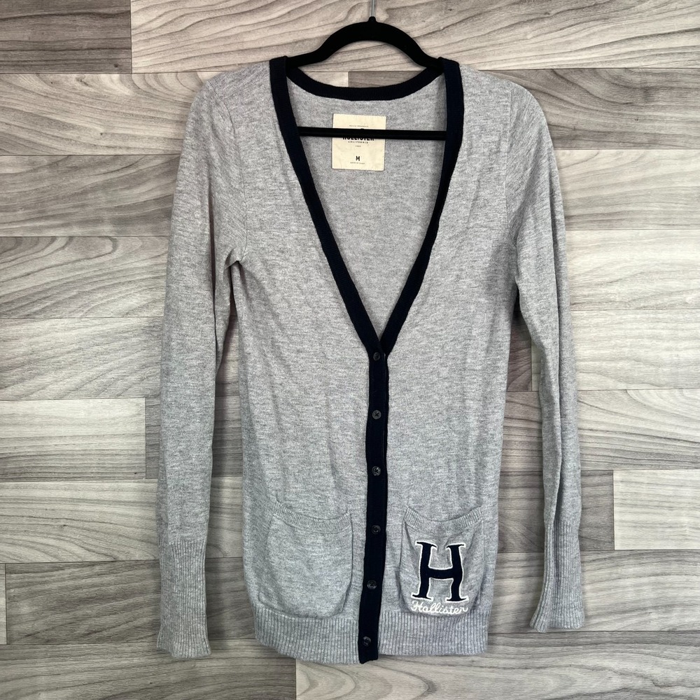 Hollister Cardigan Sweater Women's Medium Gray Knit Long Sleeve Button Front Y2K